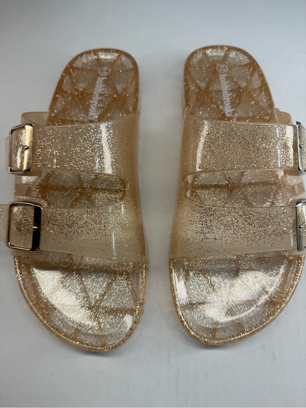 Bobbie Brooks Champagne Glitter Double-Buckle Slide Sandals
